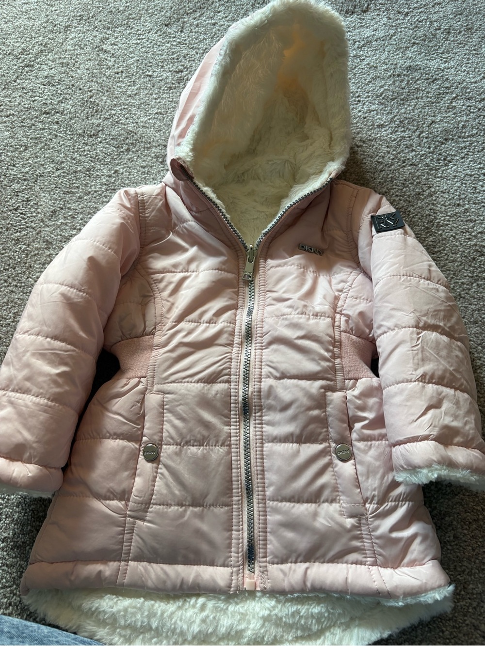 DKNY Light Pink Quilted Hooded Puffer Coat with Faux Fur